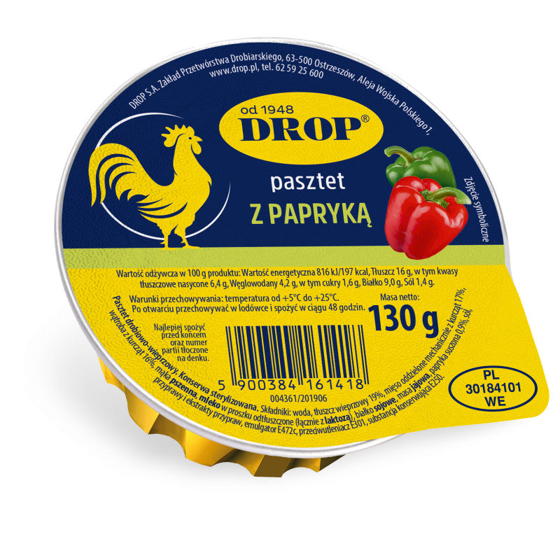 DROP PASZTET KREMOWY Z DROBIEM I PAPRYKĄ 130G. PASZTET DROBIOWO-WIEPRZOWY. KONSERWA STERYLIZOWANA.