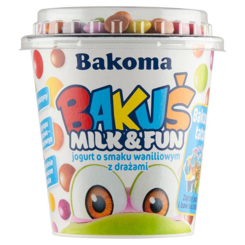 Bakoma Bakuś Milk & Fun Jogurt o smaku waniliowym z drażami 135 g