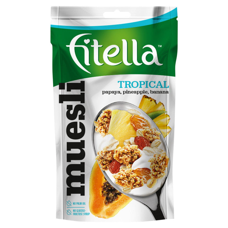 Fitella Musli chrupkie tropikalne z papają ananasem bananem i nasionami chia 50 g